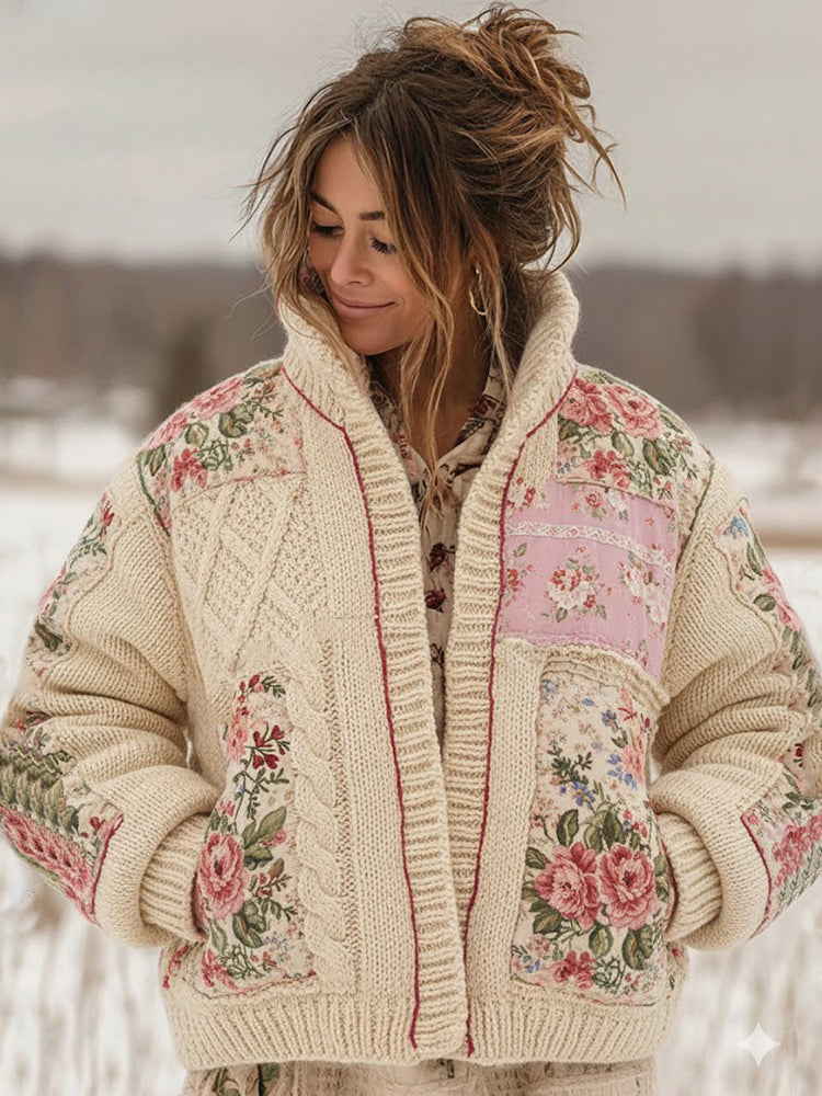 Women's Vintage Floral Patchwork Cozy Stand Collar Knit Sweater