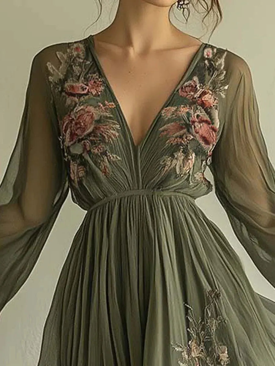 Vintage 3D Floral Print Maxi Dress - Elegant V-Neck Long Sleeve Boho Garden Party Gown