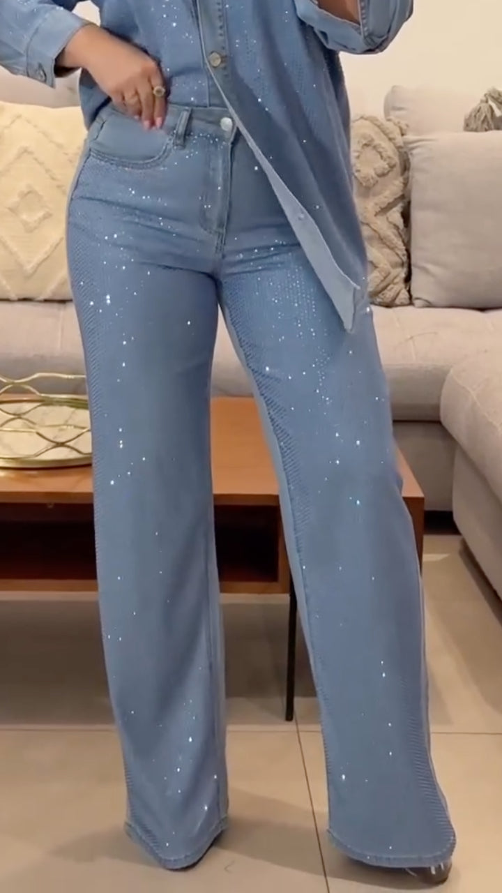 Light Blue Rhinestone Embellished Denim Shirt Wide Leg Pants Set