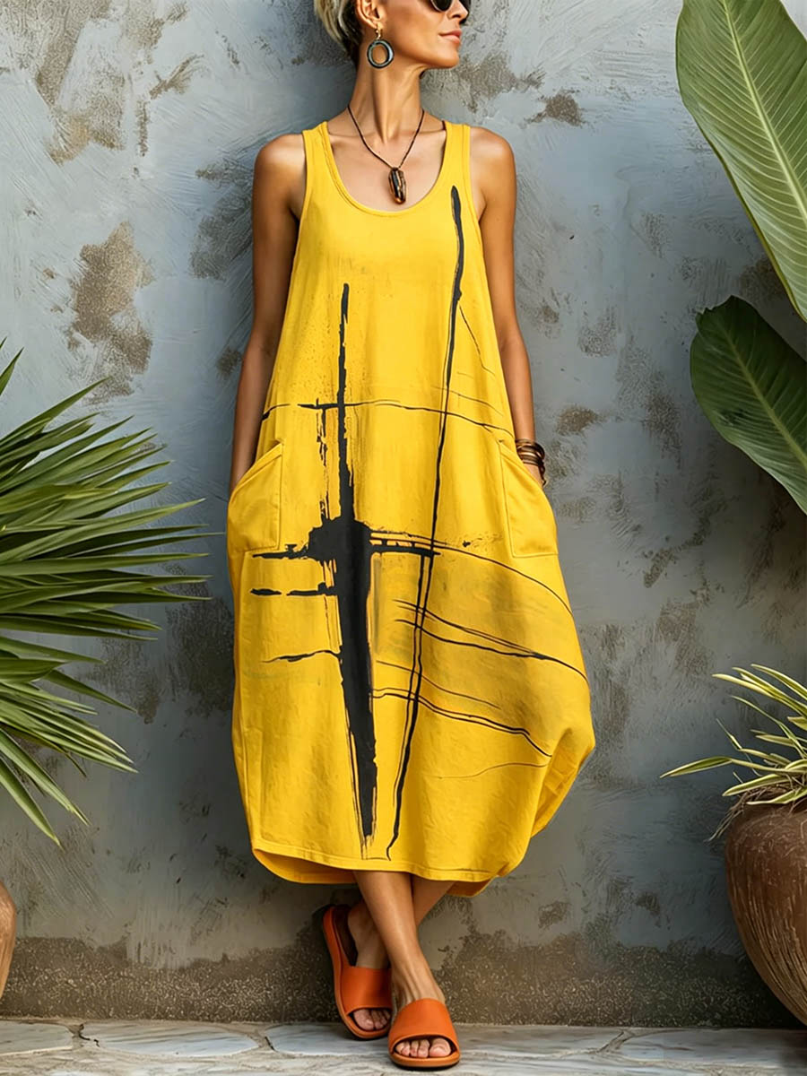 Women's Abstract Print Round-neck Sleeveless Loose-fit Cotton-linen Casual Dress