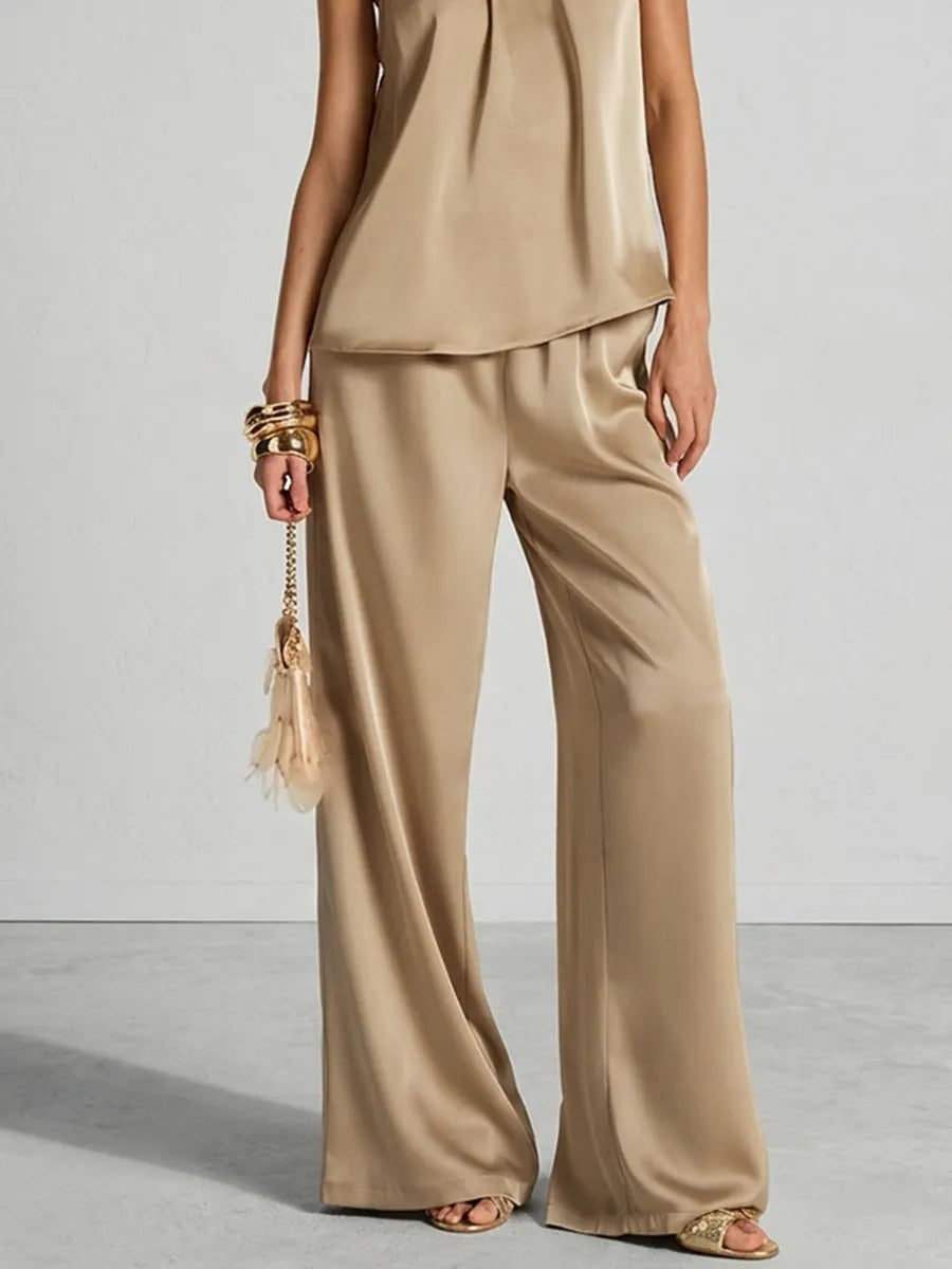 Champagne Satin Mock Neck Cami & Flowy Wide Leg Trousers Set
