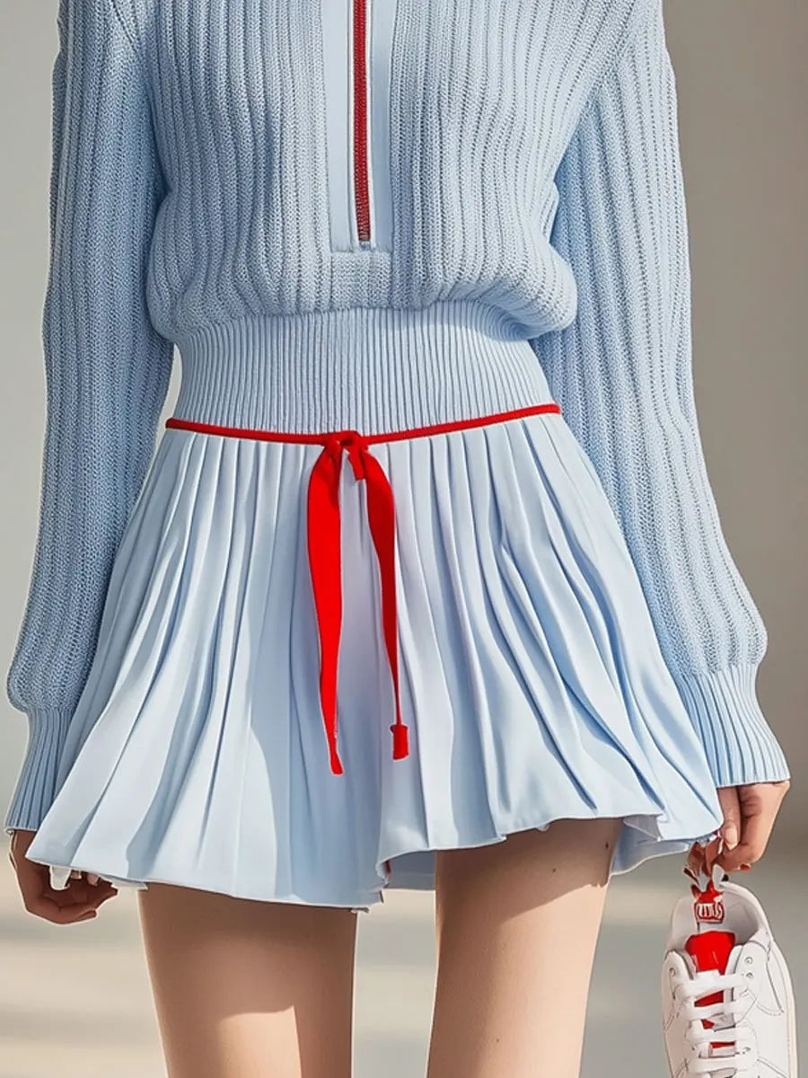 [24-hour shipping out]Casual Fashion Stand Collar Zipper Knitted Sweater Culotte Sports Set