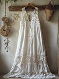 Boho Floral Hollow Lace Patchwork Linen Maxi Dress