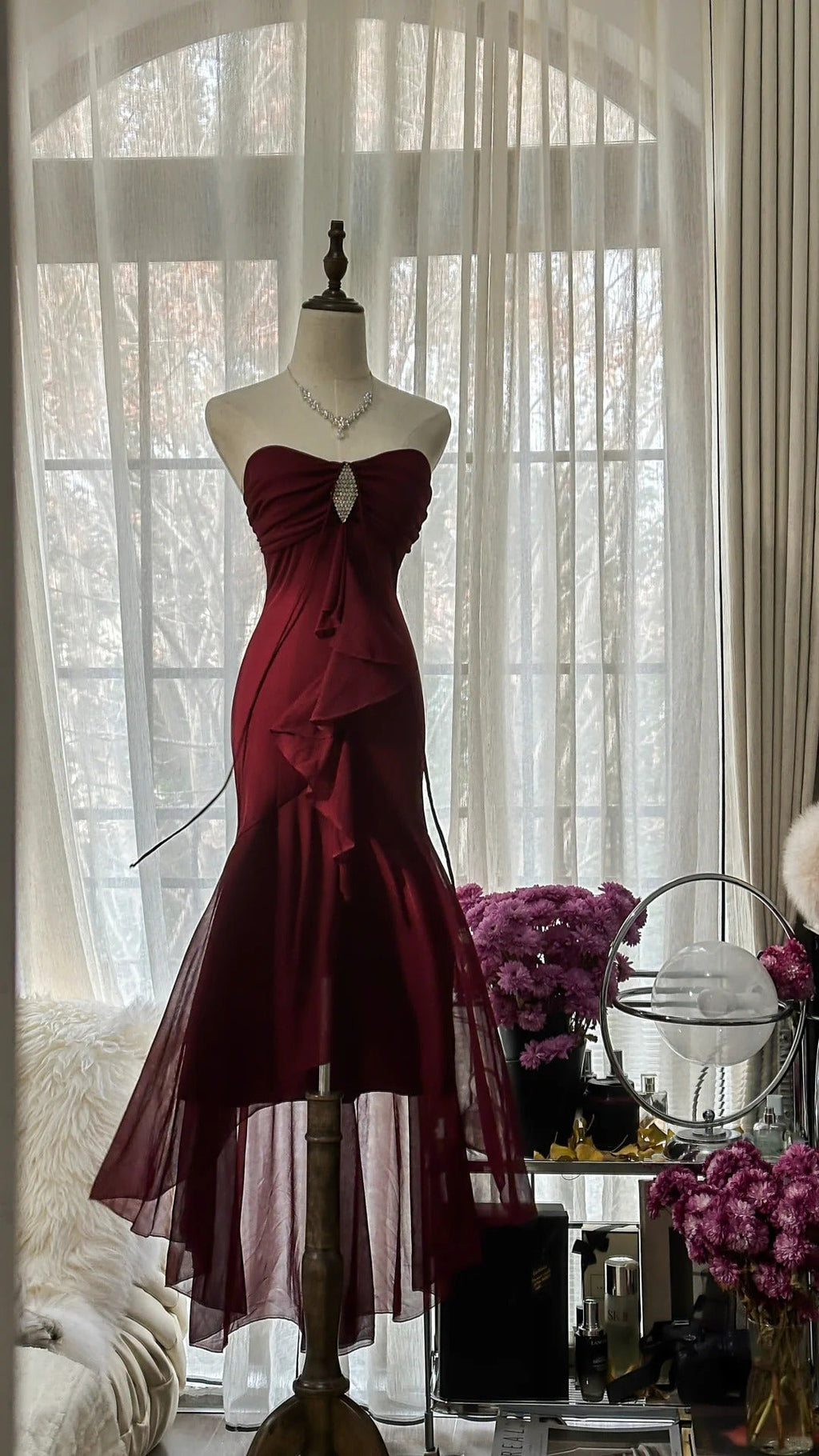 Burgundy Vintage Evening Dresses, Sleeveless Long Party Gowns  25510