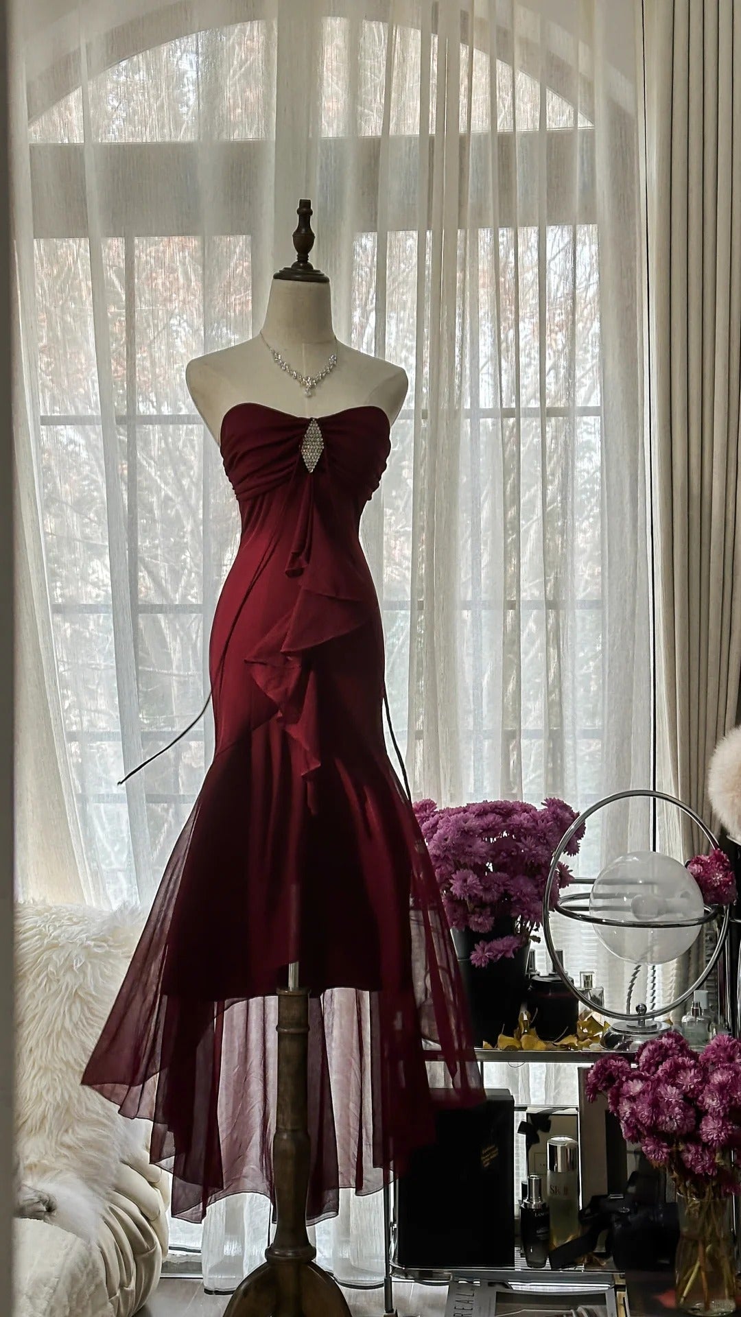 Burgundy Vintage Evening Dresses, Sleeveless Long Party Gowns  25510