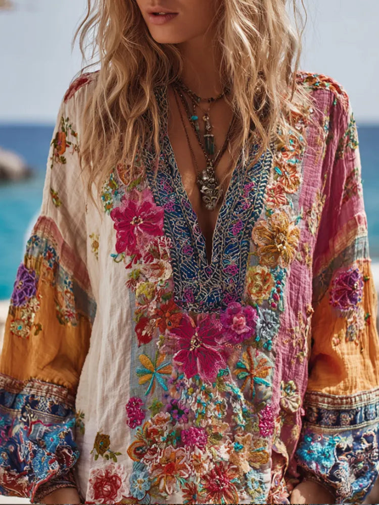 Bohemian Style Bright-colored Floral Resort Long-sleeved V-neck Top