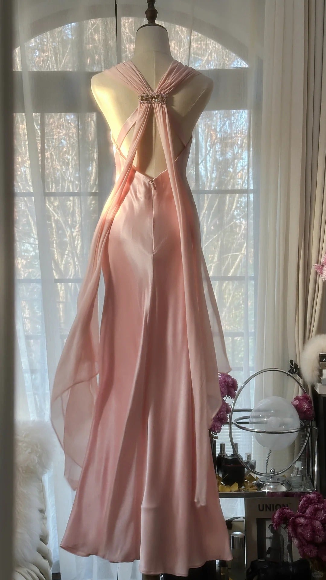 Pink Elegant Exquisite Rhinestone Long Satin Chiffon Ball Gown Evening Dress Party Dress Birthday Dress Date Dress 4163