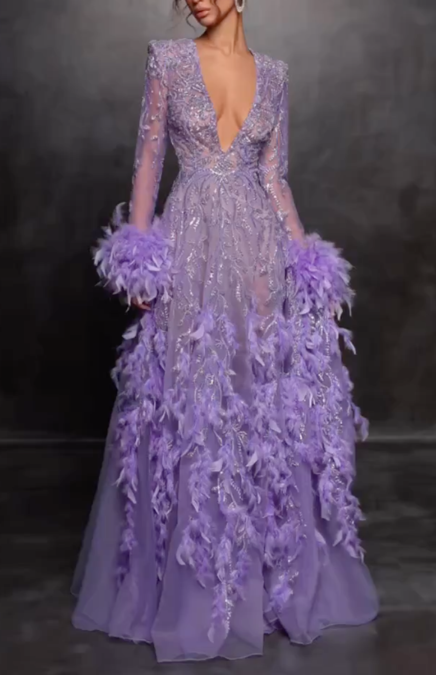 Glamorous Lavender Sheer Mesh Feather Trim Plunge V-Neck Maxi Dress