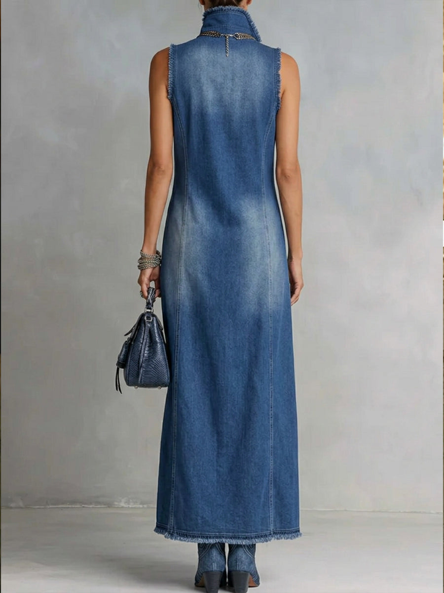 Casual Sleeveless Denim Dress With Slit