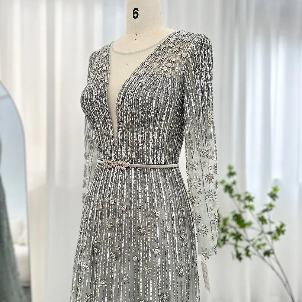 Dreamy Vow Luxury Dubai Gold Silver Evening Dress Long Sleeve Arabic Muslim Formal Prom Dresses for Women Wedding Party 126