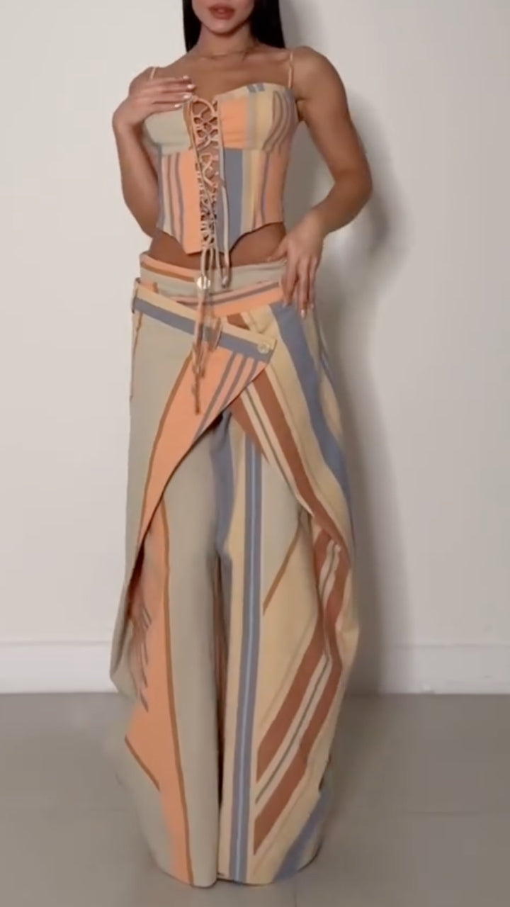 Stripe Corset Top & Wrap Overlay Wide Leg Pants Co‑Ord Set