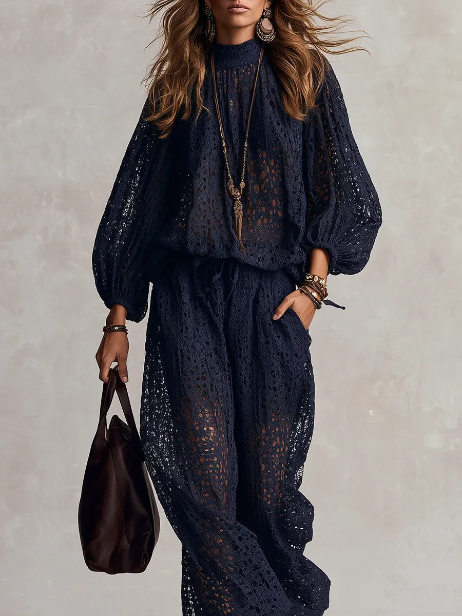 Bohemian Midnight Blue Hollow-Out Top And Pants Set
