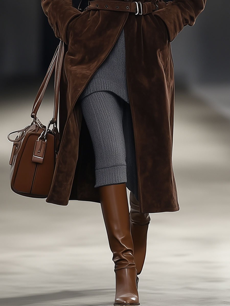 [24-hour shipping out]Casual Loose Retro Solid Chocolate Color Belted Suede Mid-Length Coat