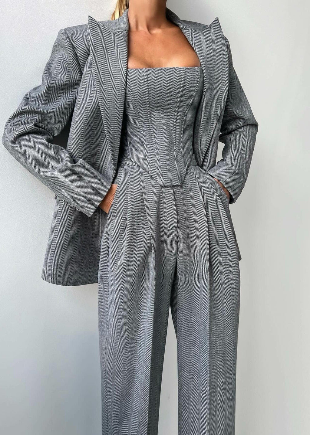 Charcoal Gray Corset Jumpsuit with Matching Blazer