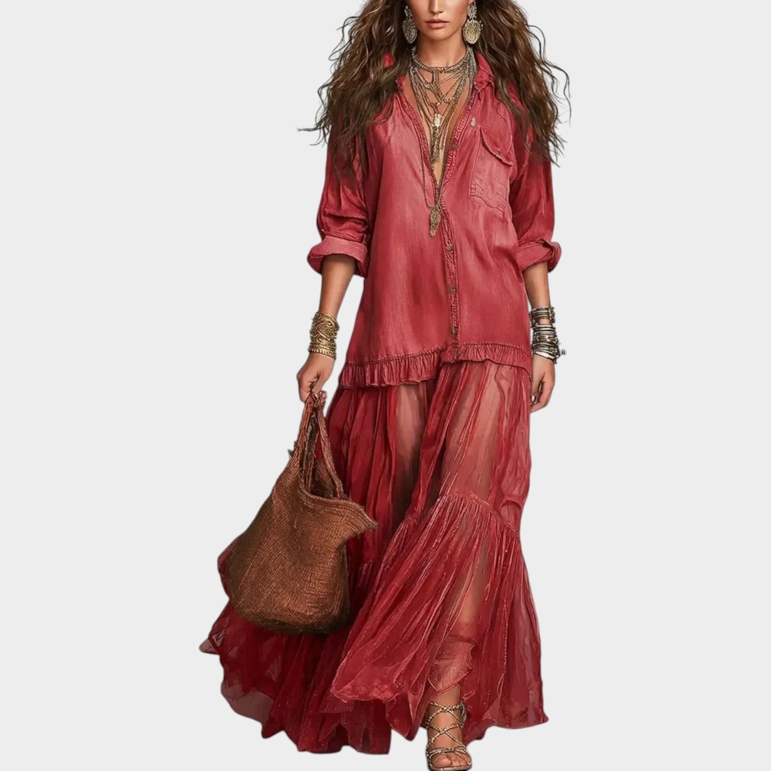 Boho Denim & Sheer Maxi Dress