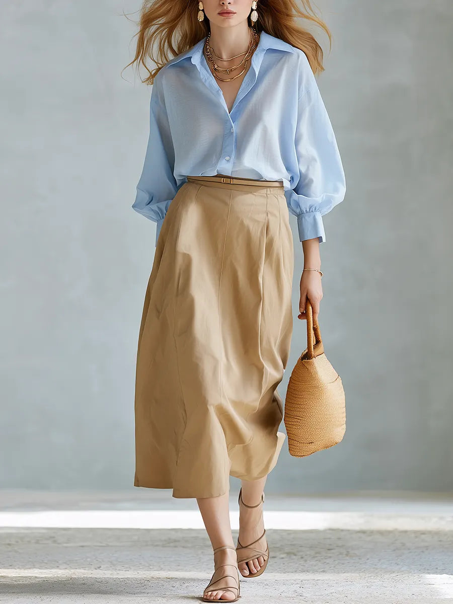 Light Blue Cotton-linen Top And Khaki Skirt Set