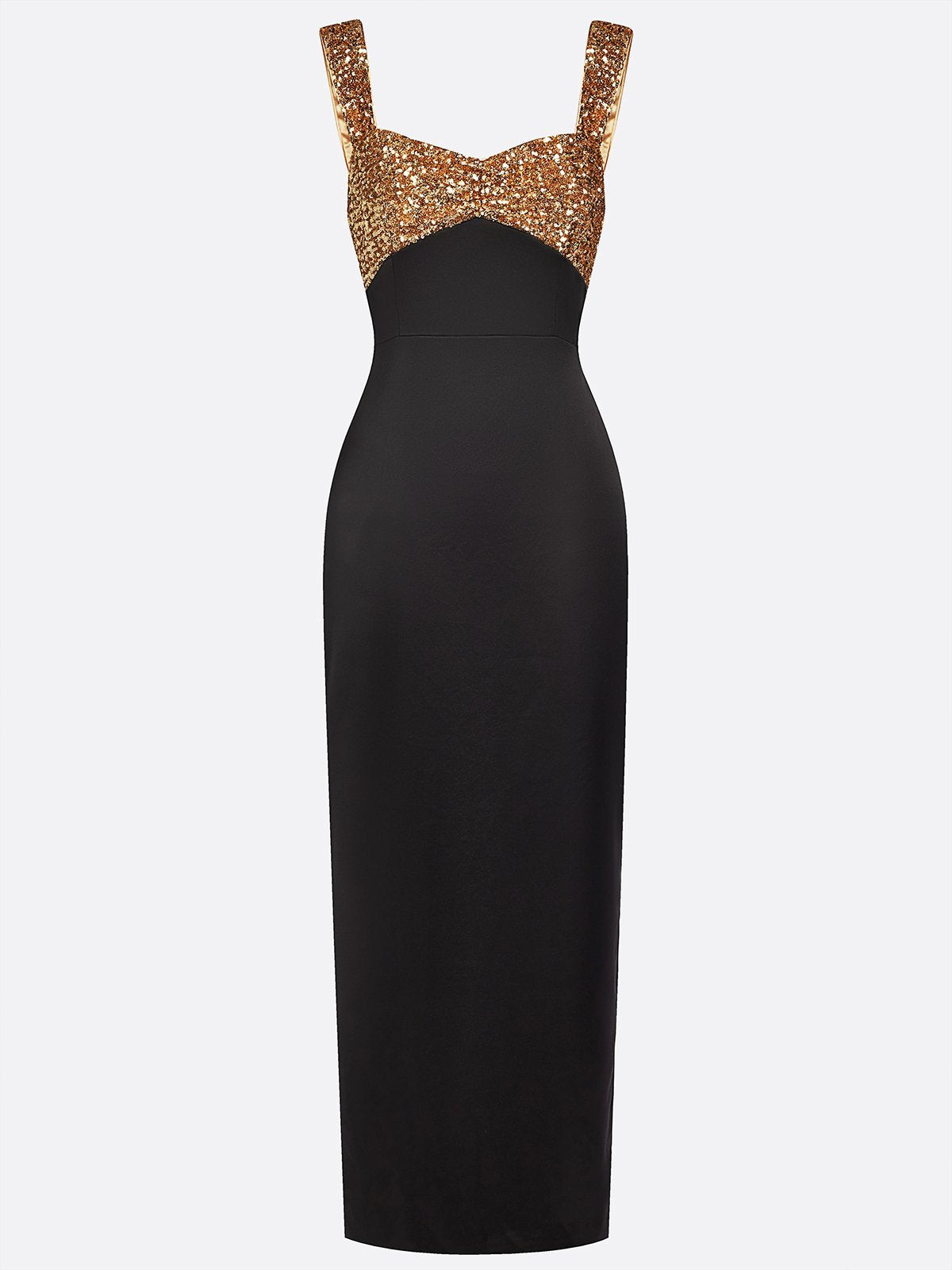 Black Gold Sequin Glitter Satin Spaghetti Gallus Sheath Maxi Dress