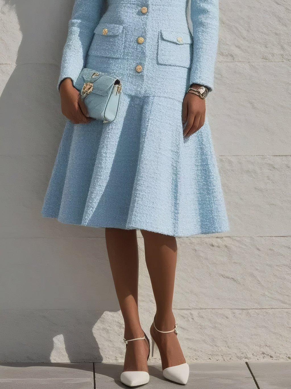 Light Blue Lapel Collar Pocket A-Line Midi Tweed Blazer Dress
