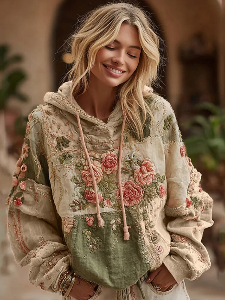 Women's Rose Embroidery Patchwork Art Hooded Sweatshirt