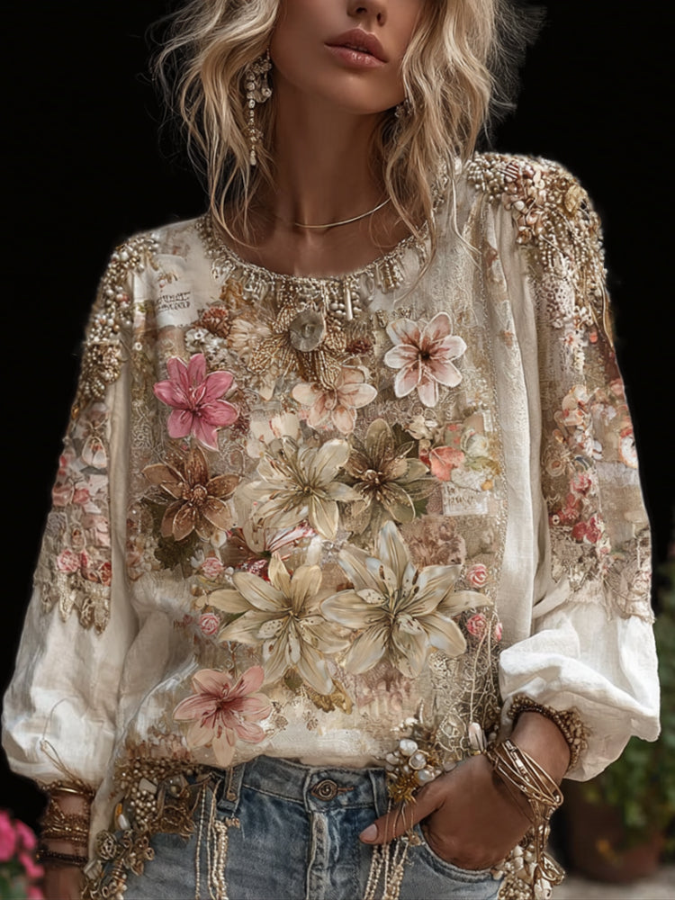 Bohème Floral Printed Cotton And Linen Round Neck Long Sleeve Top