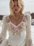 Bohemian Style Winter Rose Women's V-neck Knitted Sweater
