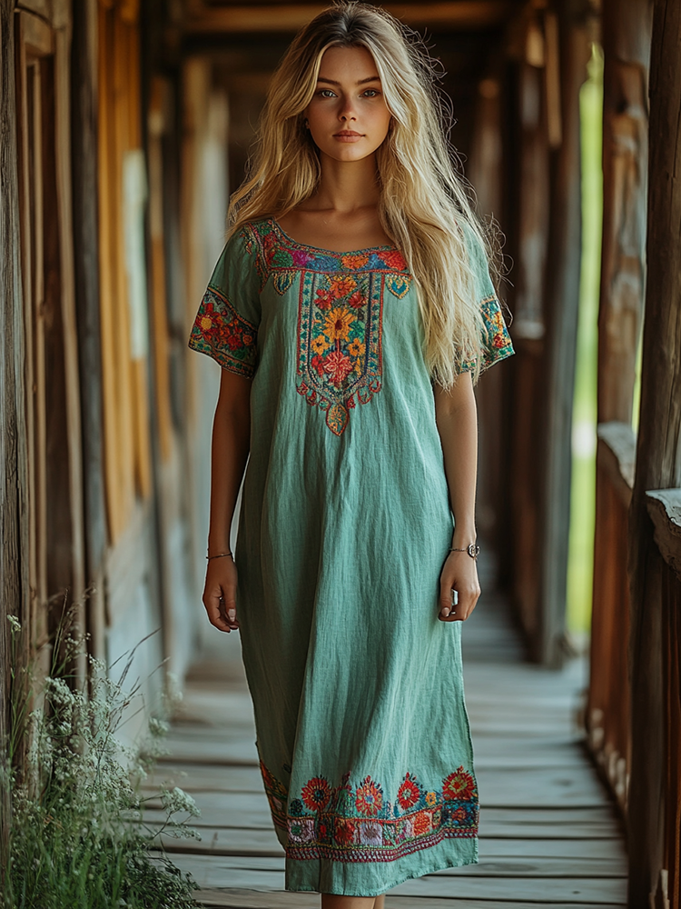 Vintage Bohemian Floral Embroidery Loose Midi Dress