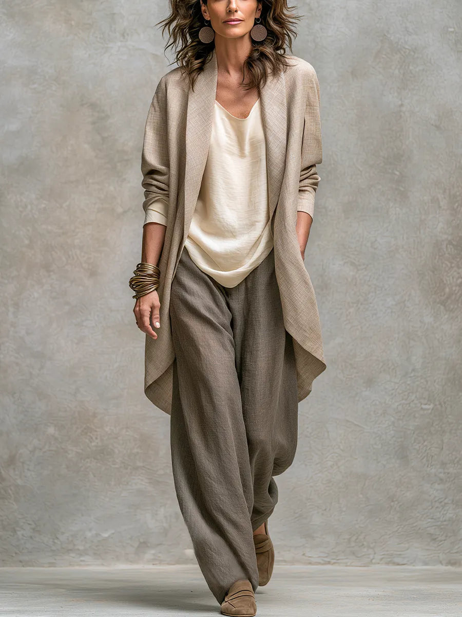 Bohemian Gray Beige Linen Three Piece Suit