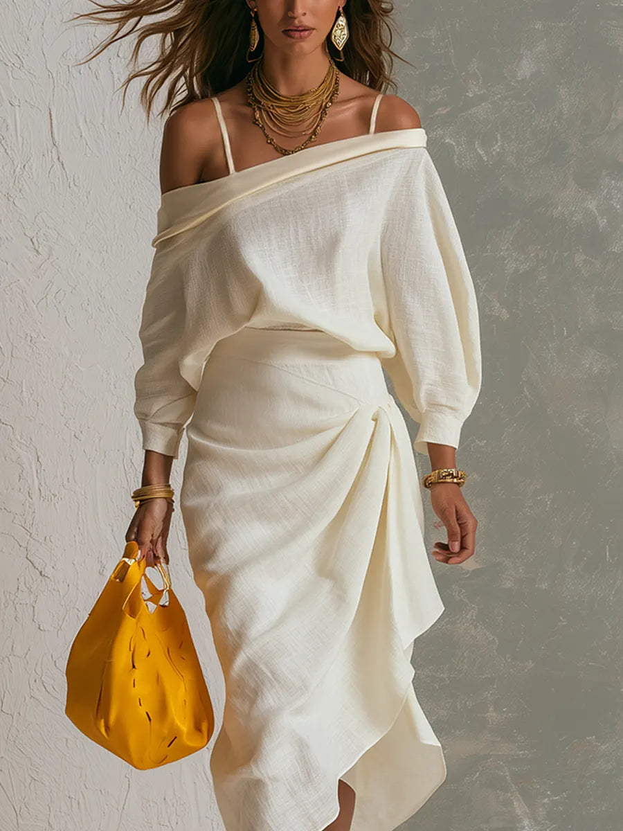 Bohemian Cotton Linen Off Shoulder Top And Skirt Set