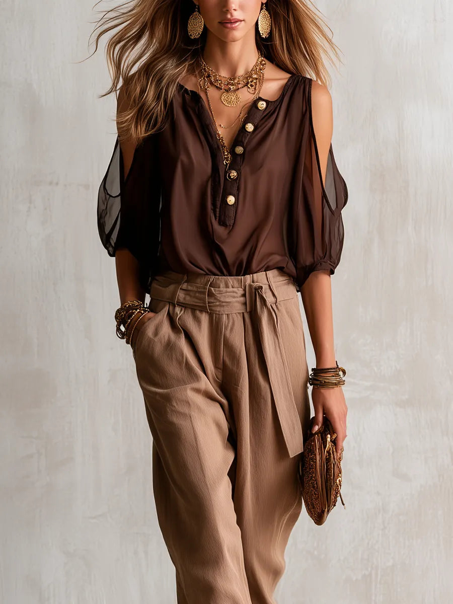 Bohemian Brown Off The Shoulder Top And Lantern Pants Set