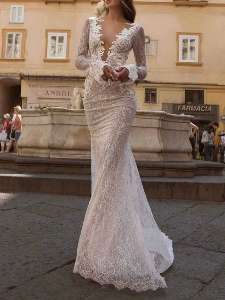 Sexy V-Neck Embroidered Lace Backless Wedding Maxi Dress