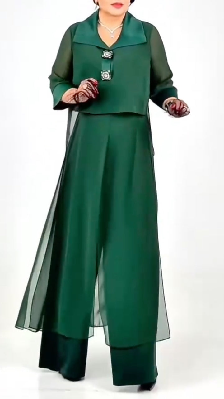 Women's Lapel Chiffon Top & Flowy Wide-Leg Pants Casual Set