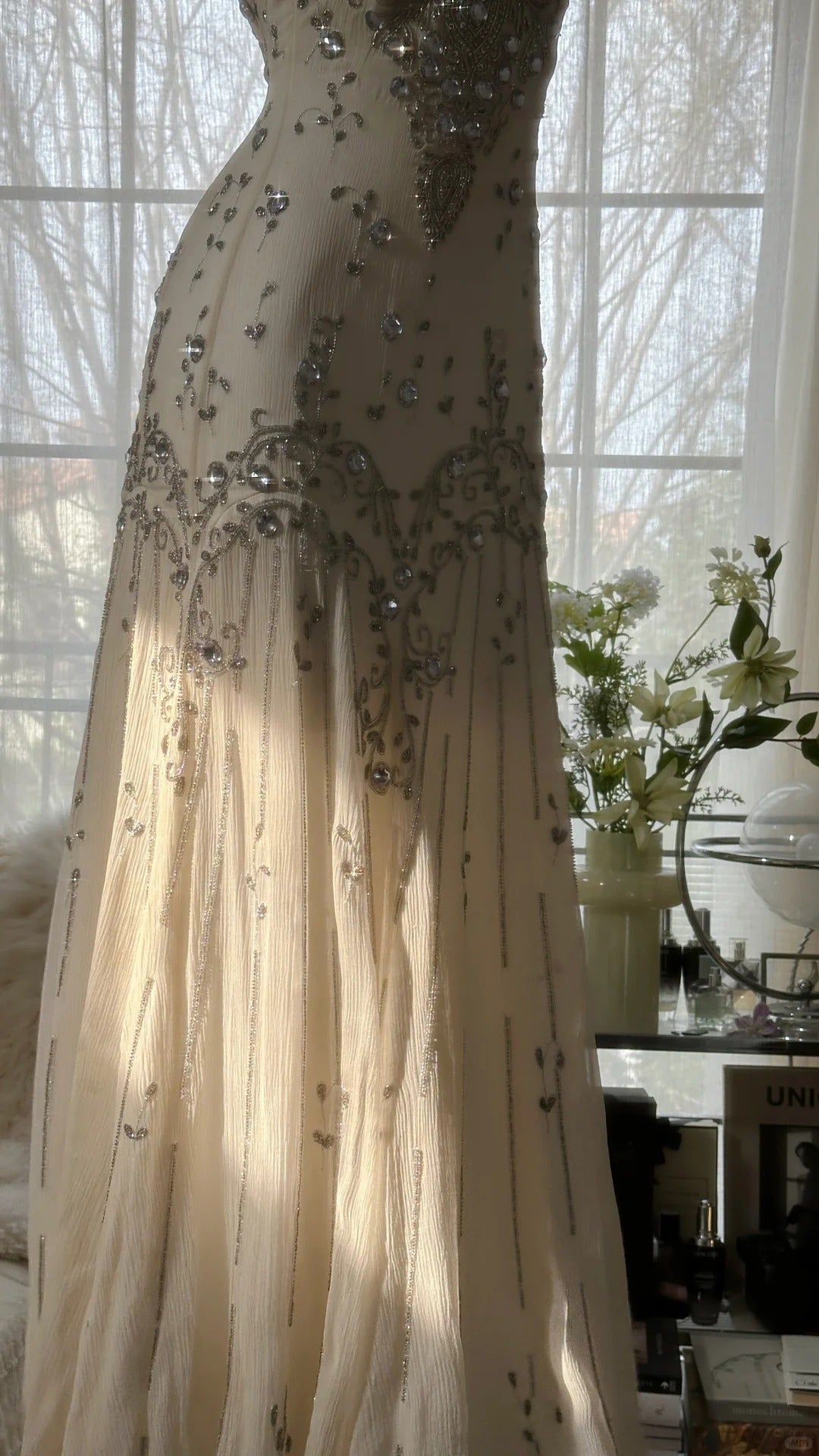 Ivory Vintage Elegant Shiny Exquisite Rhinestone Beading Long Chiffon Ball Gown Evening Dress Birthday Party Dress Prom Dress Graduation Dress 3945