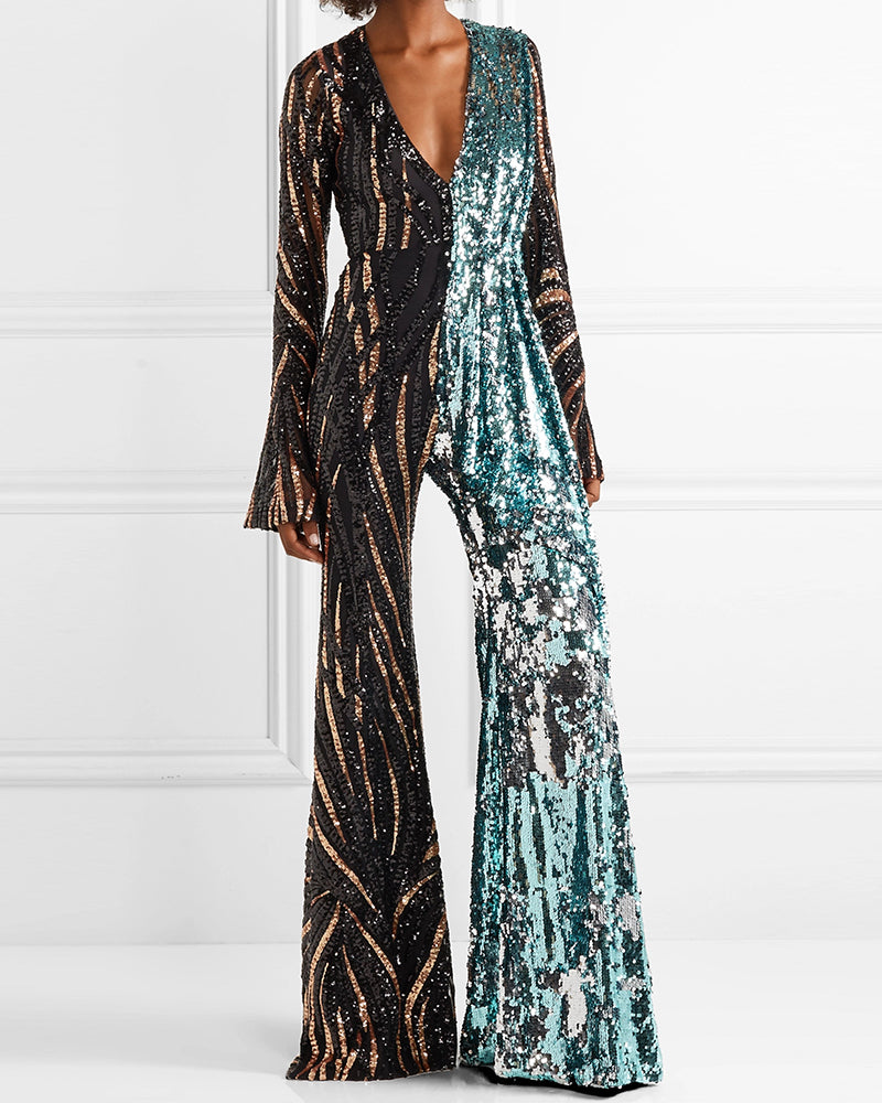 Women's Sequin Panel Two-Tone Jumpsuit