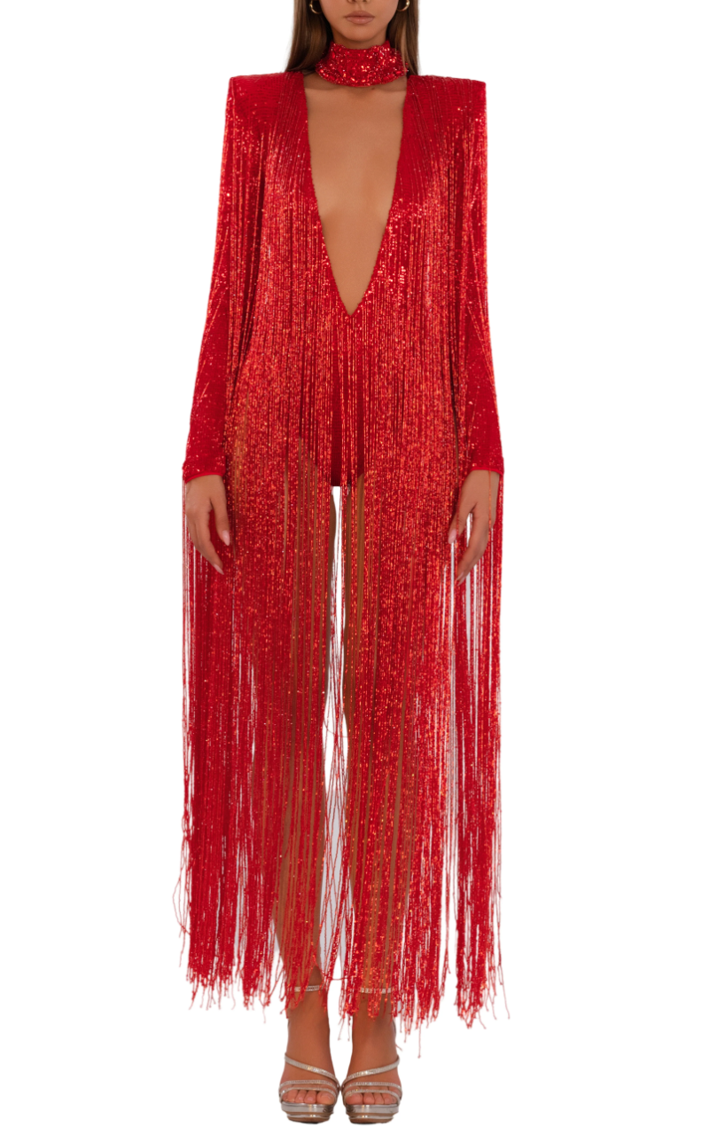 Red Beaded Fringe Halter Mini Dress/Long Sleeve Jumpsuit Collection