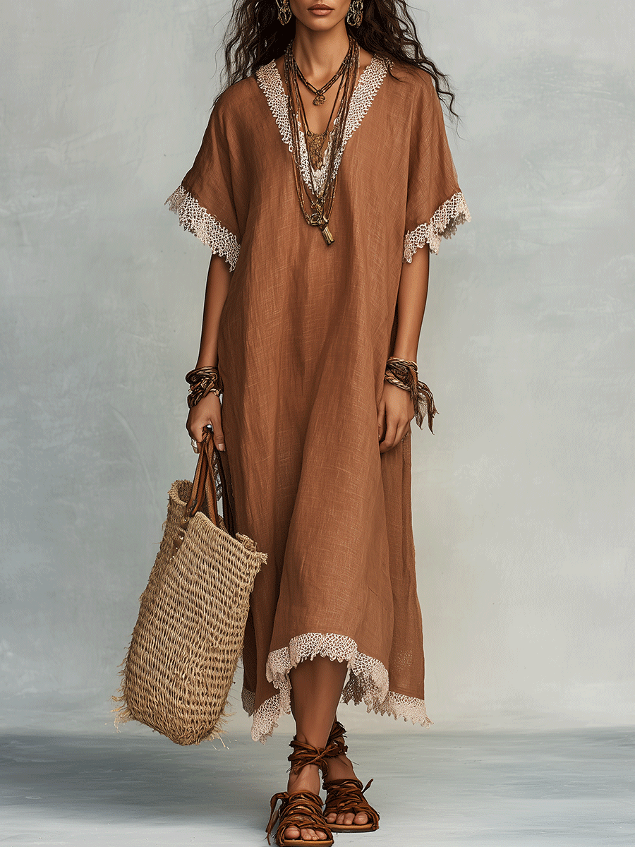 Effortless Coastal Elegance Earth-Tone Linen Blend Kaftan Maxi Dress