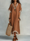 Effortless Coastal Elegance Earth-Tone Linen Blend Kaftan Maxi Dress