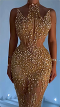Opulent Gold High-Neck Sheer Mesh Mermaid Maxi Dress with All-Over Crystal Embellishments & Keyhole Cutout