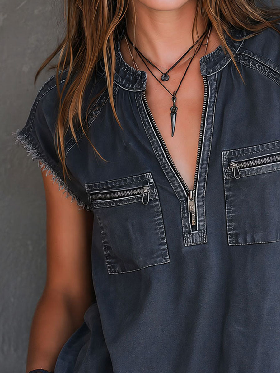Rerto Western Washed Black Zip-Front Utility Blouse With Raw Hem