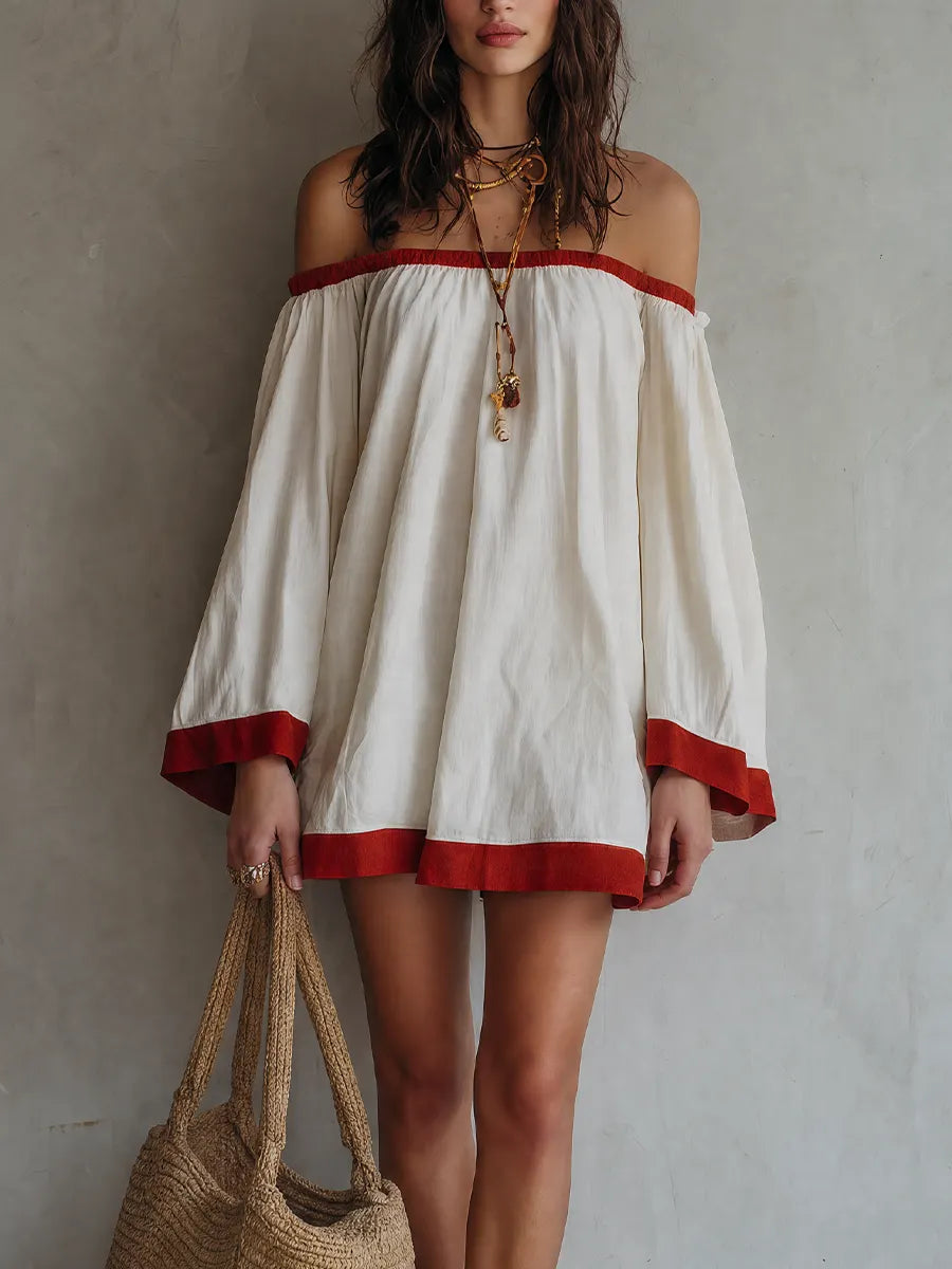 Mediterranean Chic Cotton Off Shoulder Tunic Dress
