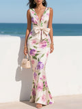 V-neck Sleeveless Printed Maxi Dress