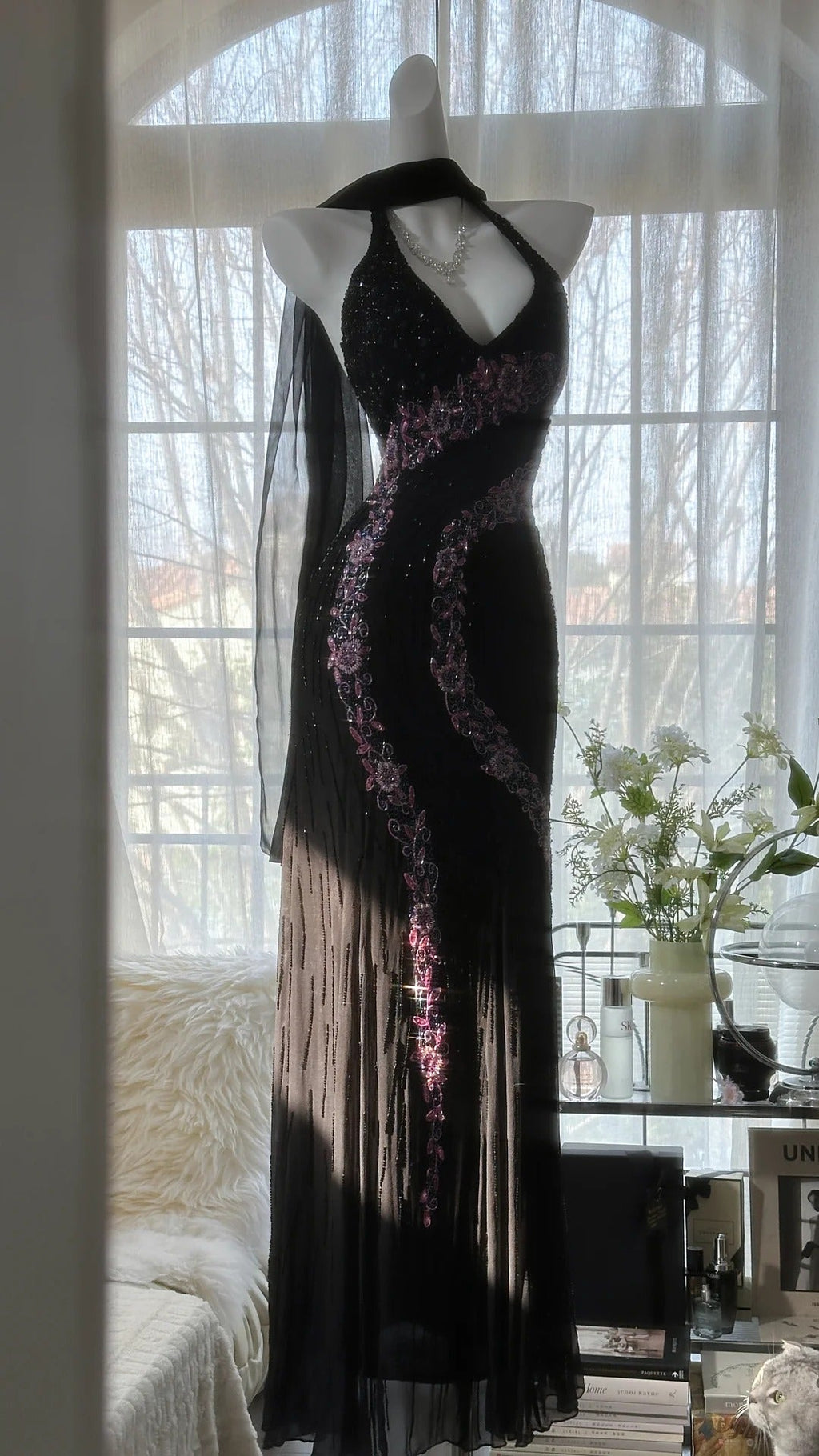 Black Shiny Vintage Elegant Romantic Delicate Pink Floral Beading Long Chiffon Homecoming Ball Gown Evening Dress Birthday/Wedding Guest/Holiday Party Dress Prom Dress 4025