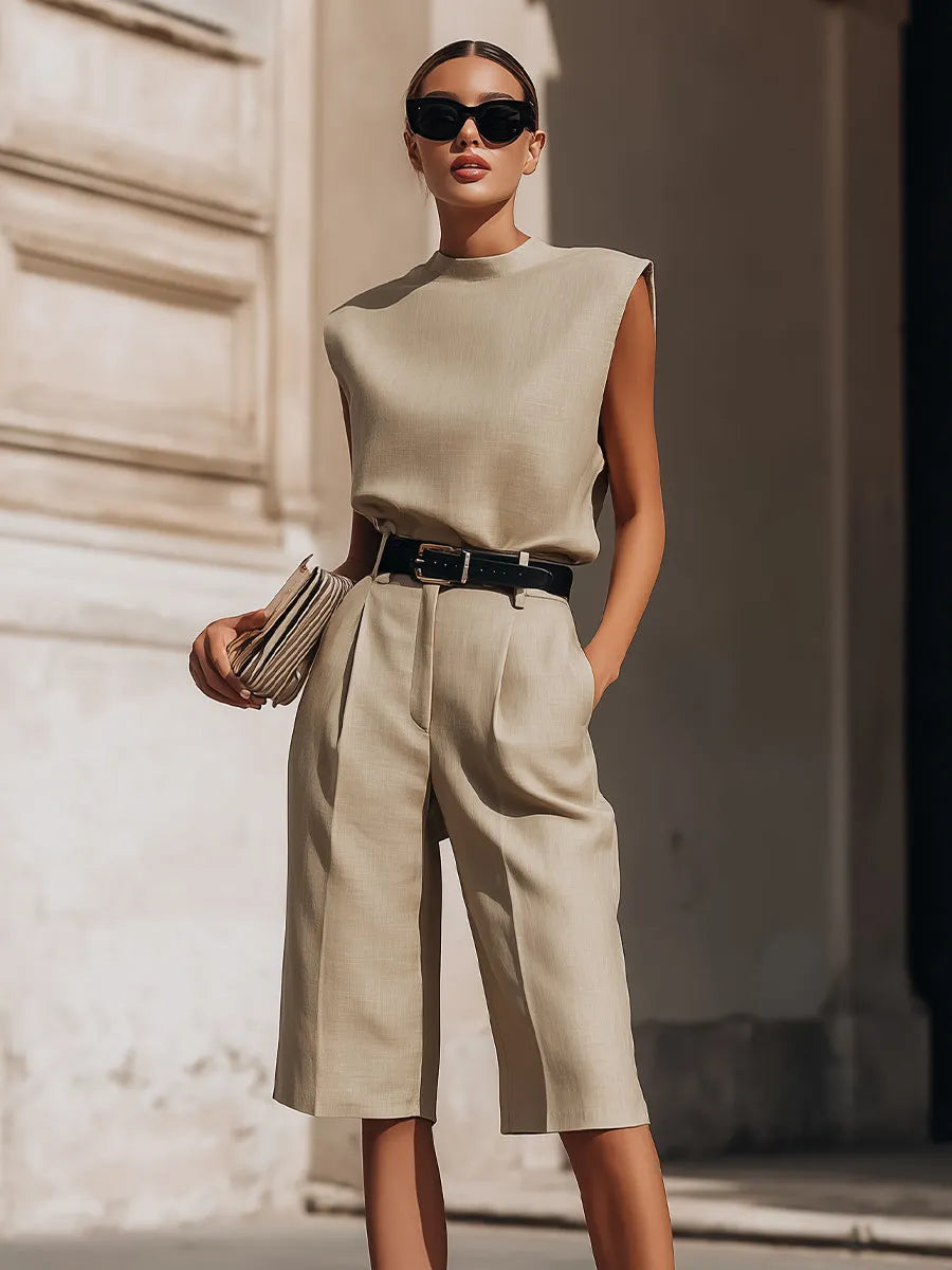 Minimalist Structured Sleeveless Top And Tailored Bermuda Shorts Set