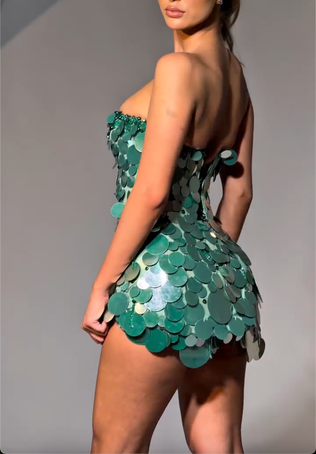 Emerald Green Disc Embellished Strapless Mini Dress