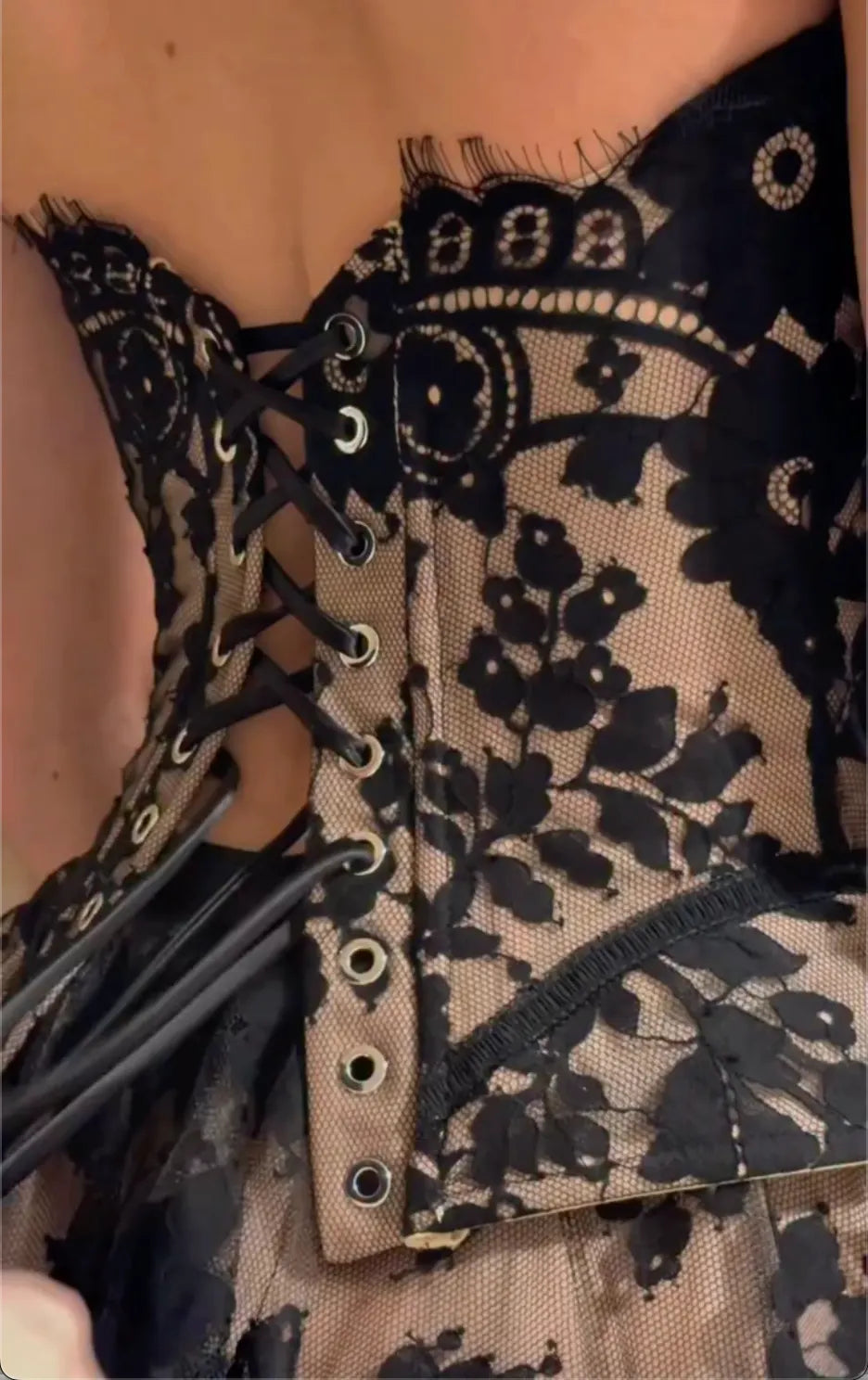 Strapless Black Floral Lace Corset Midi Dress for Wedding Guest Evening Party Birthday Photoshoot Cocktail