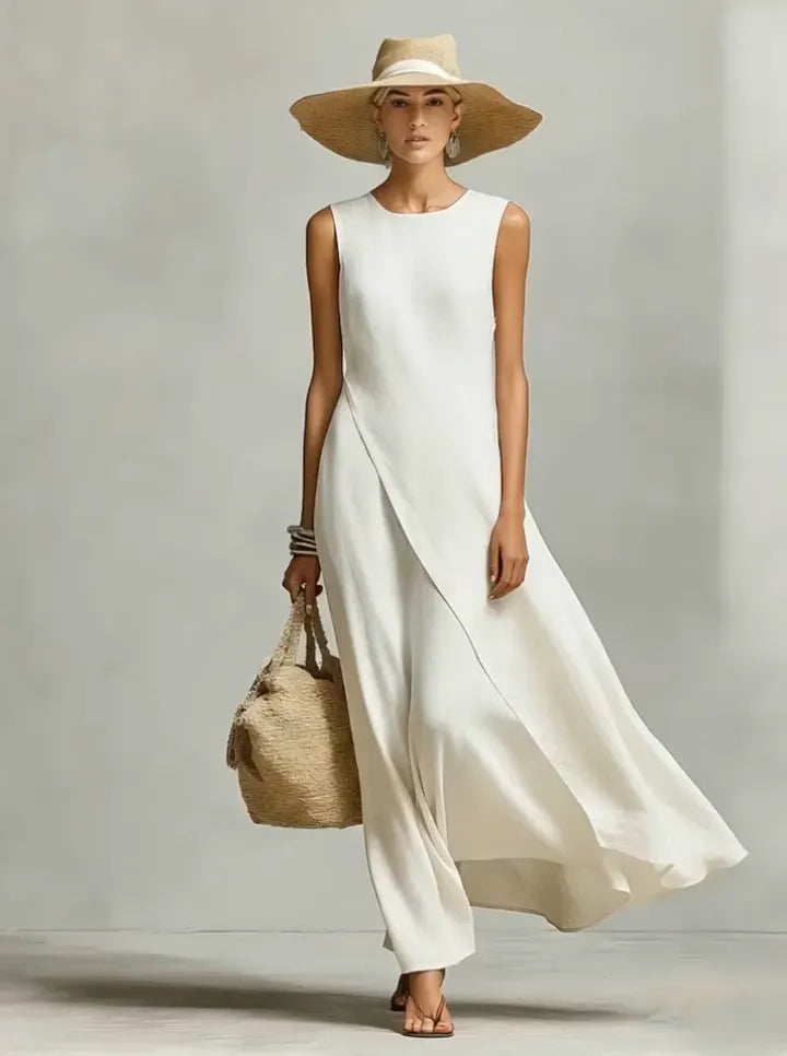 White Linen-Blend Maxi Dress