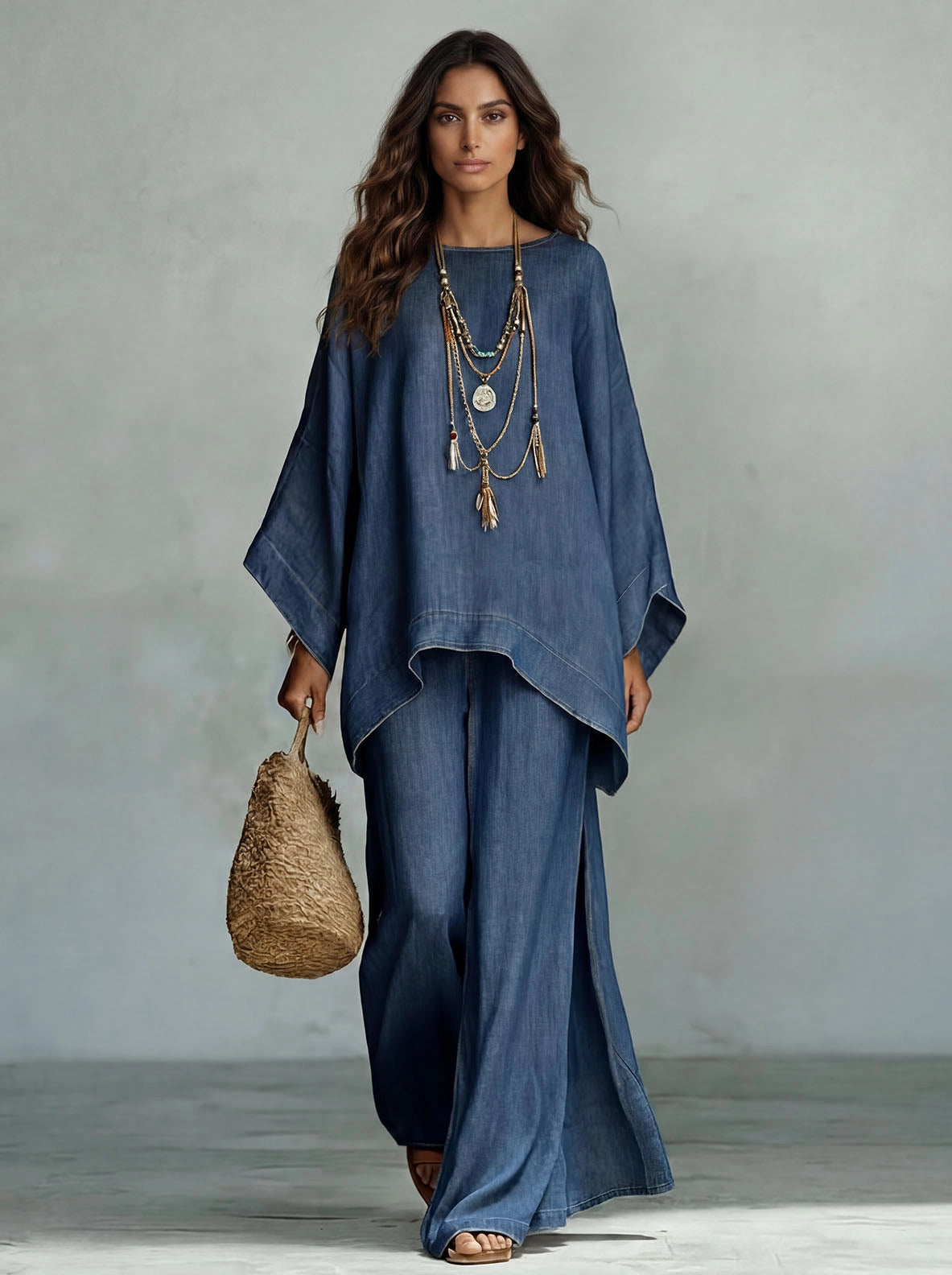 Denim Oversized Top & High‑Slit Wide Leg Pants Co‑Ord Setrd Set