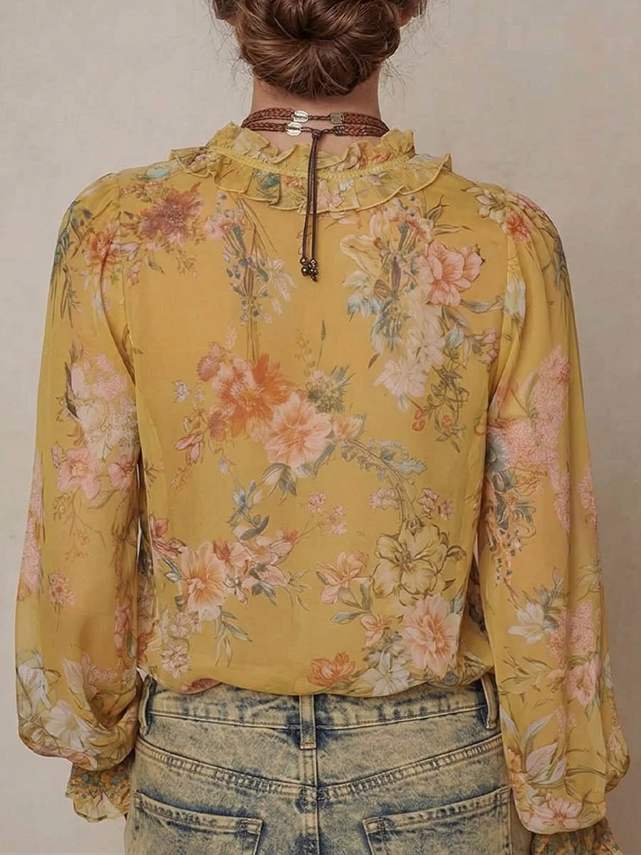 Women's Vintage-print V-neck Long-sleeve Casual Loose Chiffon Top