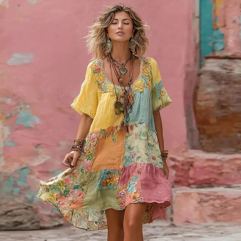Women's Flower Embroidery Macaron Patchwork Art Crew Neck Linen Blend Midi Dress