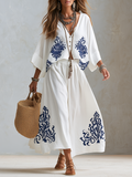 Bohemian Style Navy Blue Floral Midi Skirt Suit