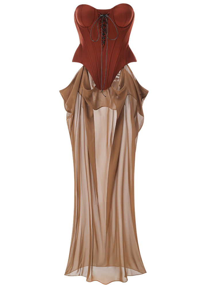 Strapless Corset Draped Maxi Dress Brown